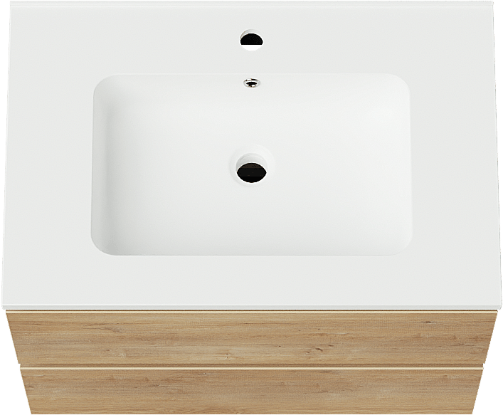 Linie Lado hängendes Möbelstück Set: 70 x 46 cm, Naturbelassene Eiche, mit Vano Einzelwaschtisch, Marmorkomposit Weiß matt