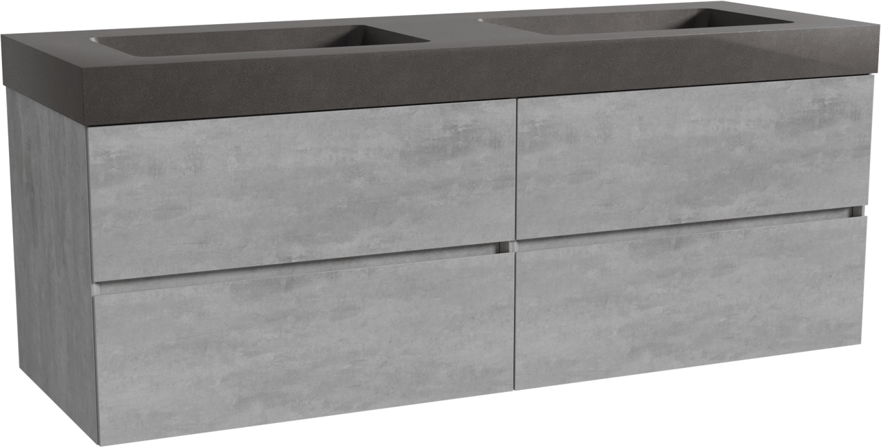 Storke Edge zwevend badkamermeubel 150 x 52 cm beton donkergrijs met Scuro High dubbele wastafel in kwarts mat zwart