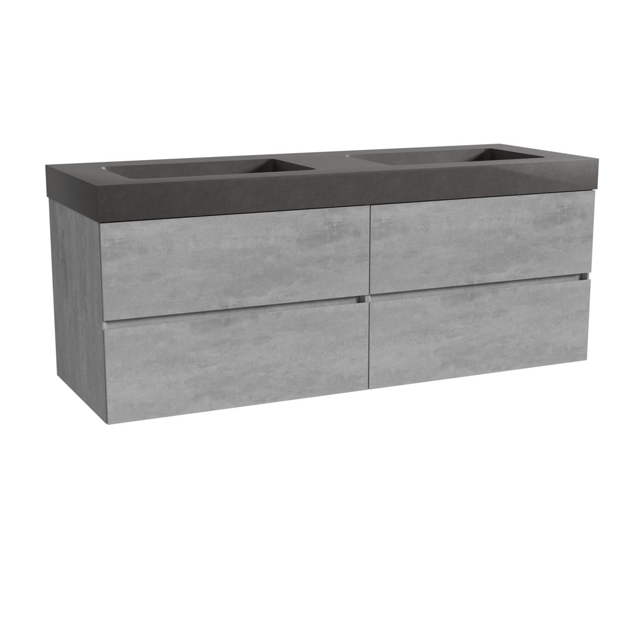 Storke Edge zwevend badmeubel 150 x 52 cm beton donkergrijs met Scuro High dubbele wastafel in kwarts mat zwart