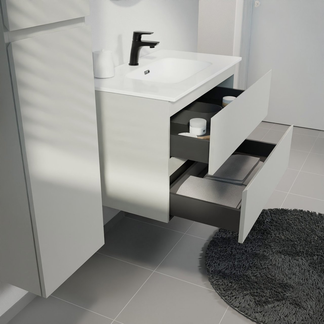 Linie Lado zwevend badkamermeubel 80 x 46 cm greige met Baro enkele wastafel in porselein glanzend wit