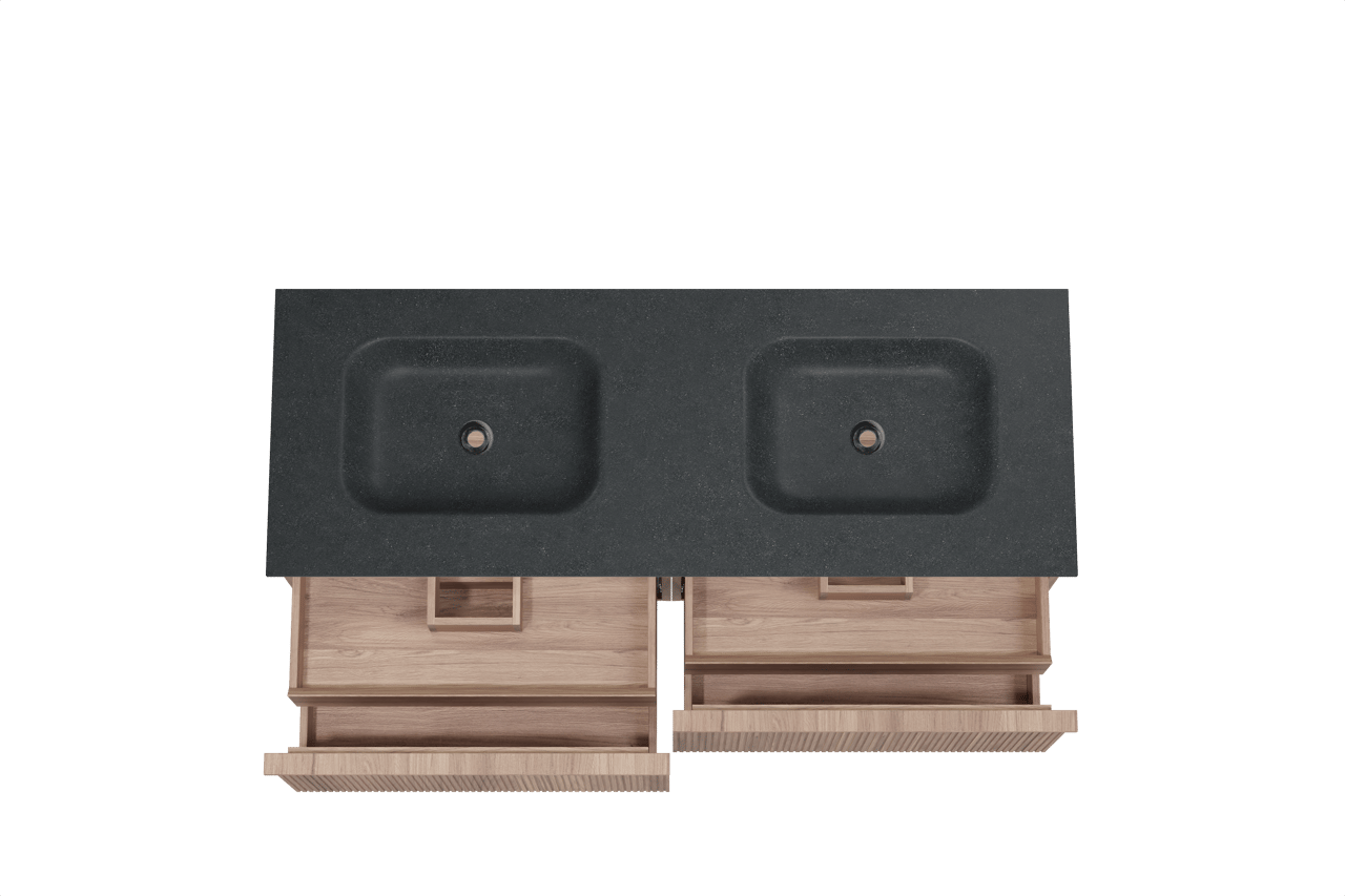 Balmani Forma zwevend badmeubel 150 x 55 cm teakhout met Tablo Arcato dubbele wastafel in zwart graniet, Verticale symmetrische rechte ribbel