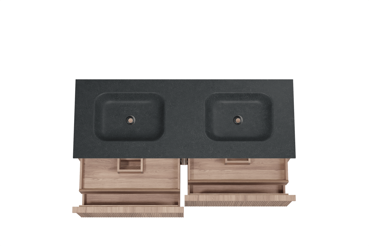 Balmani Forma meuble salle de bains suspendu 150 x 55 cm teck avec Tablo Arcato double vasque en granit noir, Nervure droite symétrique verticale