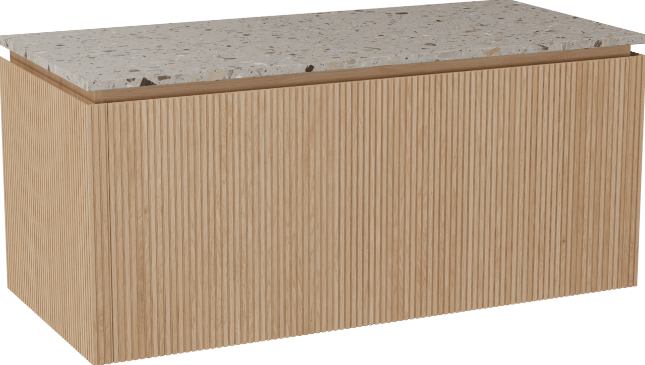 Balmani Eclips hängendes Möbelstück Set: 120 x 55 cm, Eiche Natur, mit Stretto Einzel- oder Doppel Waschtischplatte Greige Terrazzo, Vertikale symmetrische gerade Rippe