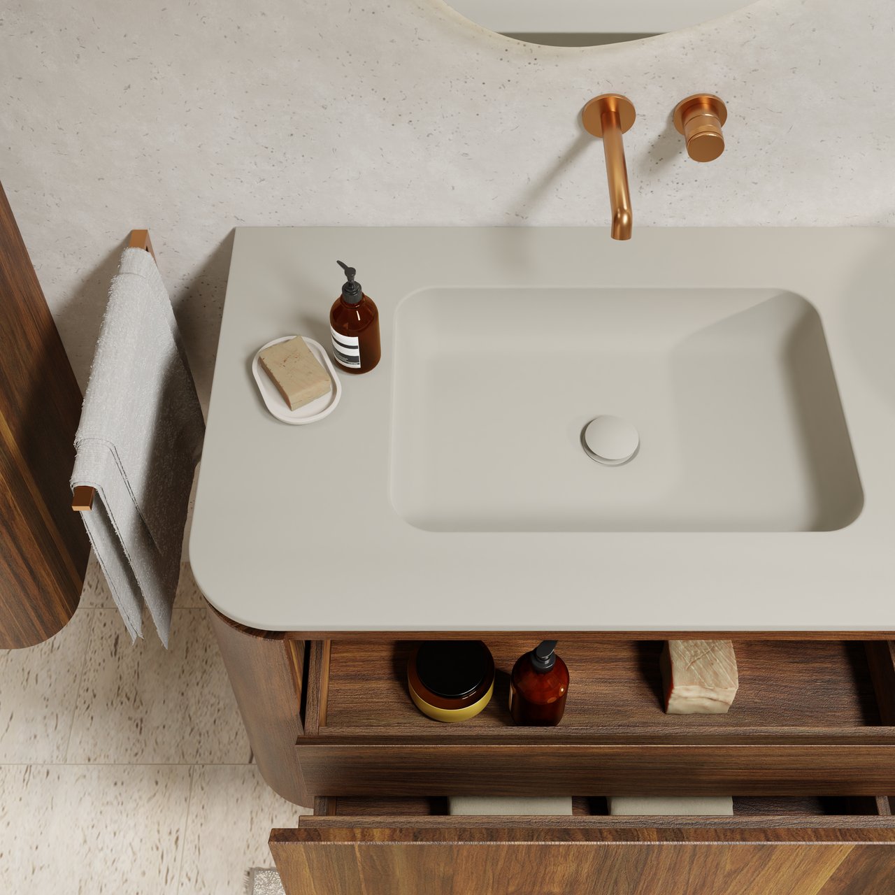 Balmani Moon hängendes Möbelstück Set: 160 x 55 cm, Amerikanischer Nussbaum, mit Moon Doppelwaschtisch, Top Solid Seidengrau