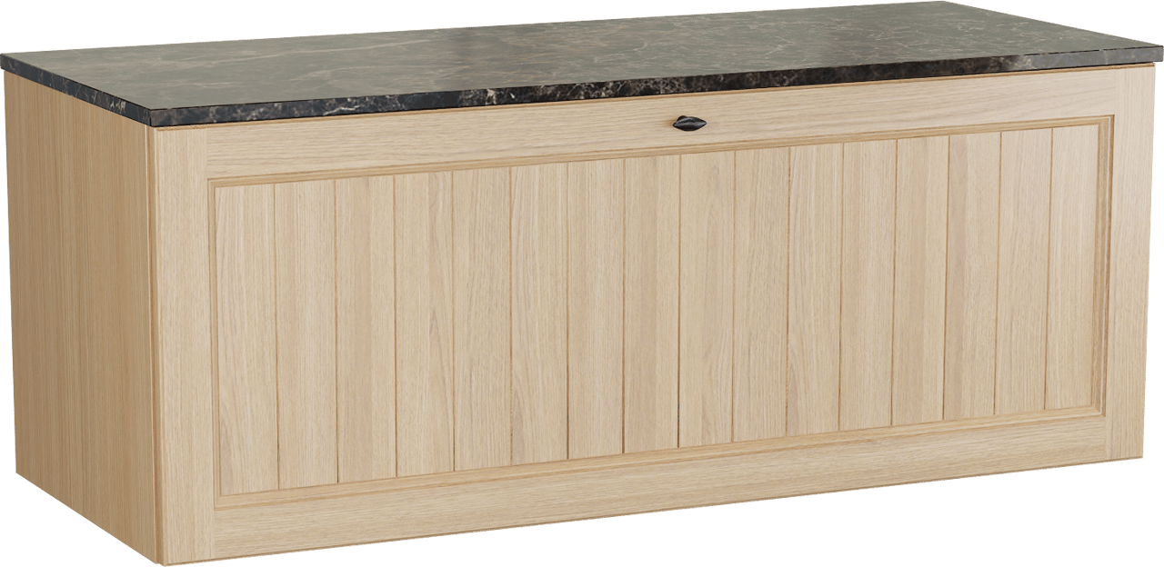 Balmani Lemon zwevend badkamermeubel 135 x 55 cm, fineer natuur eik met Stretto enkel of dubbel tablet in dark emperador