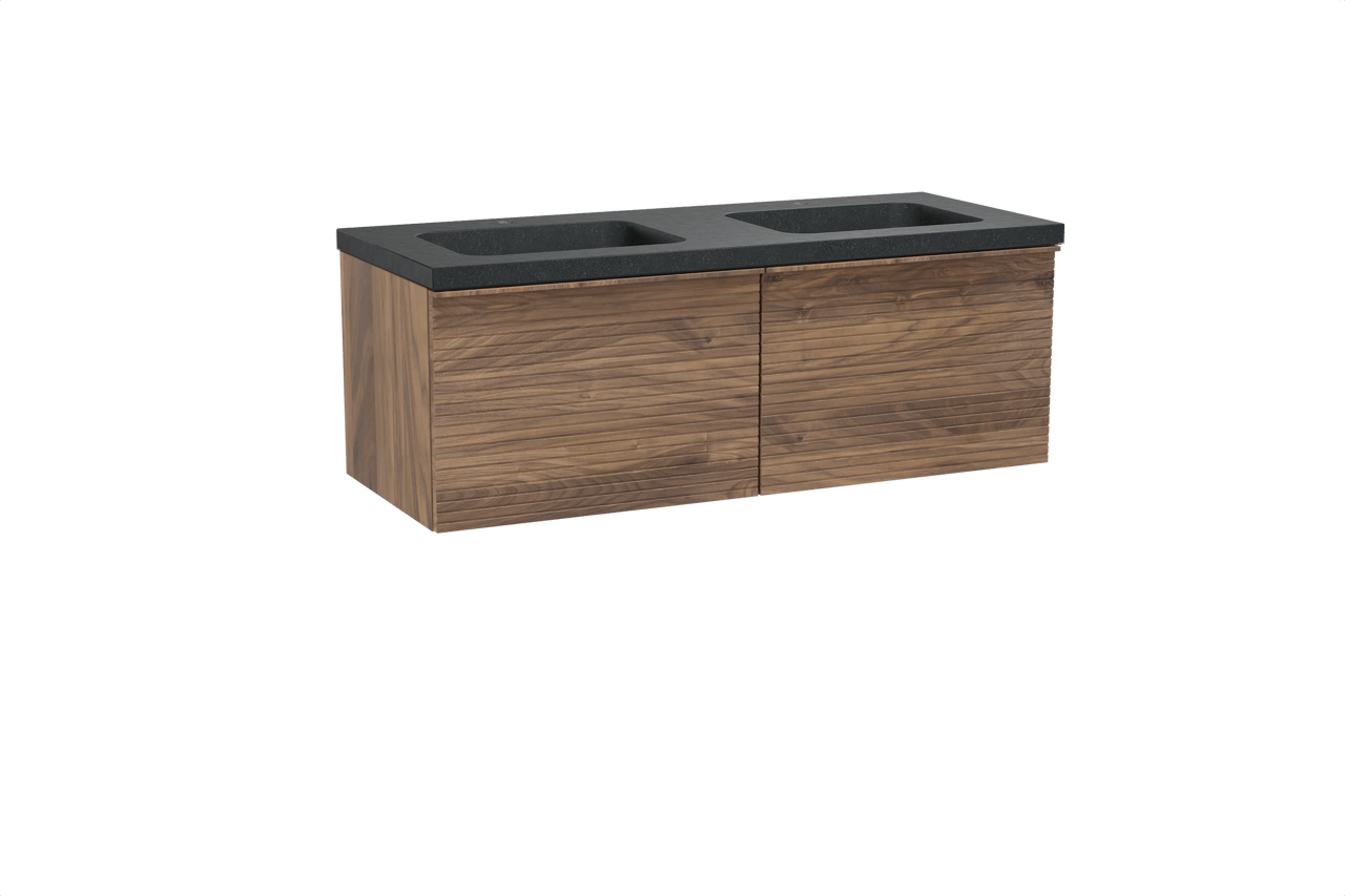 Balmani Forma meuble salle de bains suspendu 135 x 55 cm noyer américain avec Napoli double vasque en granit noir, Nervure droite symétrique horizontale
