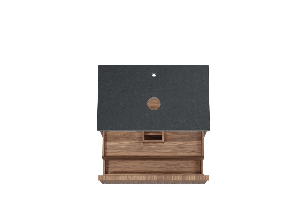 Balmani Forma zwevend badmeubel 90 x 55 cm amerikaans notenhout met Rock enkel wastafelblad in zwart graniet, Verticale asymmetrische ronde ribbel