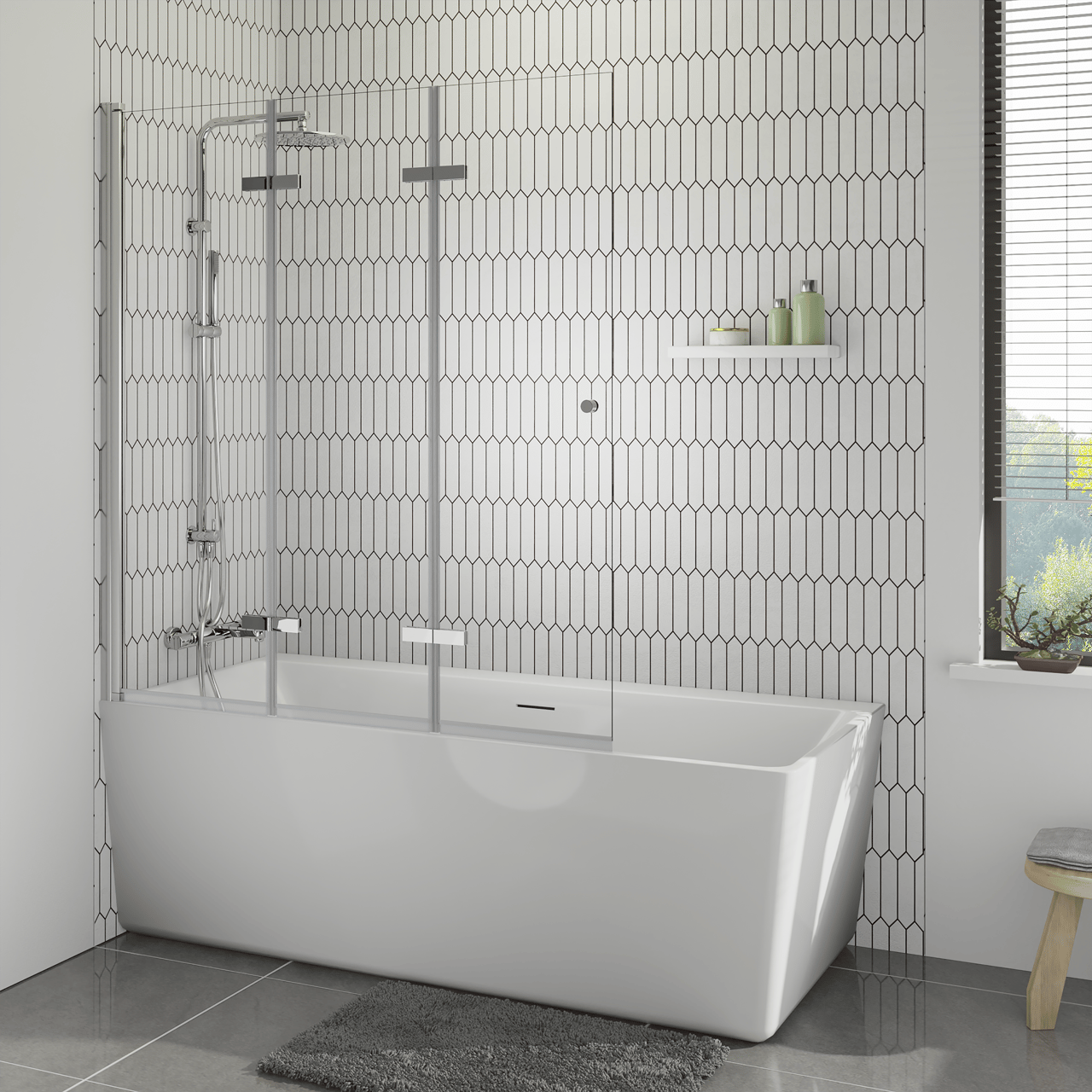 Luca Varess Kuresa dreiteilige zusammenklappbare Badewannenabtrennung 140 cm, Klarglas, Chrom Profil