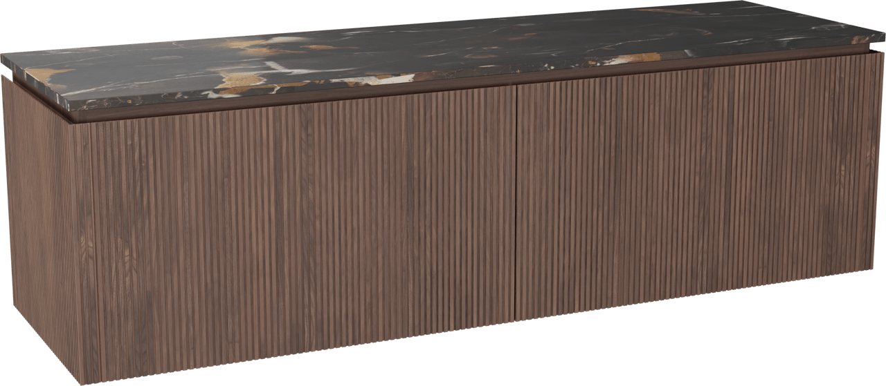 Balmani Eclips hängendes Möbelstück Set: 180 x 55 cm, Amerikanischer Nussbaum, mit Stretto Einzel- oder Doppel Waschtischplatte Portoro Gold Marmor, Vertikale symmetrische gerade Rippe