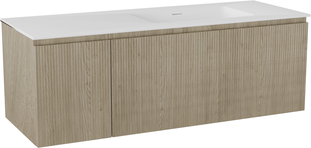 Storke Ribs meuble salle de bains suspendu 140 x 52 cm chêne brut avec Mata vasque asymétrique droite en solid surface blanc mat, Nervure droite symétrique verticale