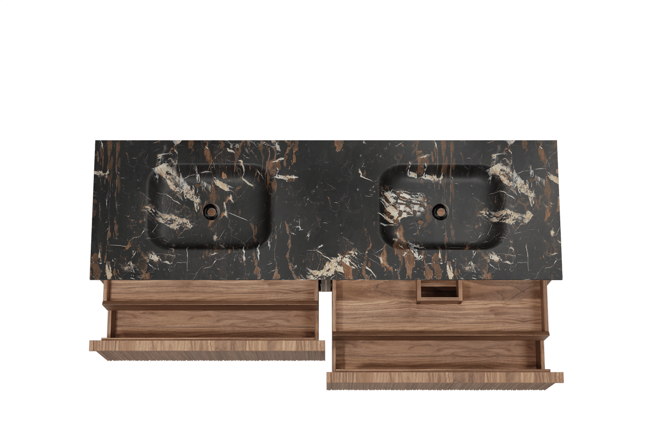 Balmani Forma zwevend badkamermeubel 180 x 55 cm amerikaanse notelaar met Tablo Arcato dubbele wastafel in marmer portoro gold, Verticale asymmetrische ronde ribbel