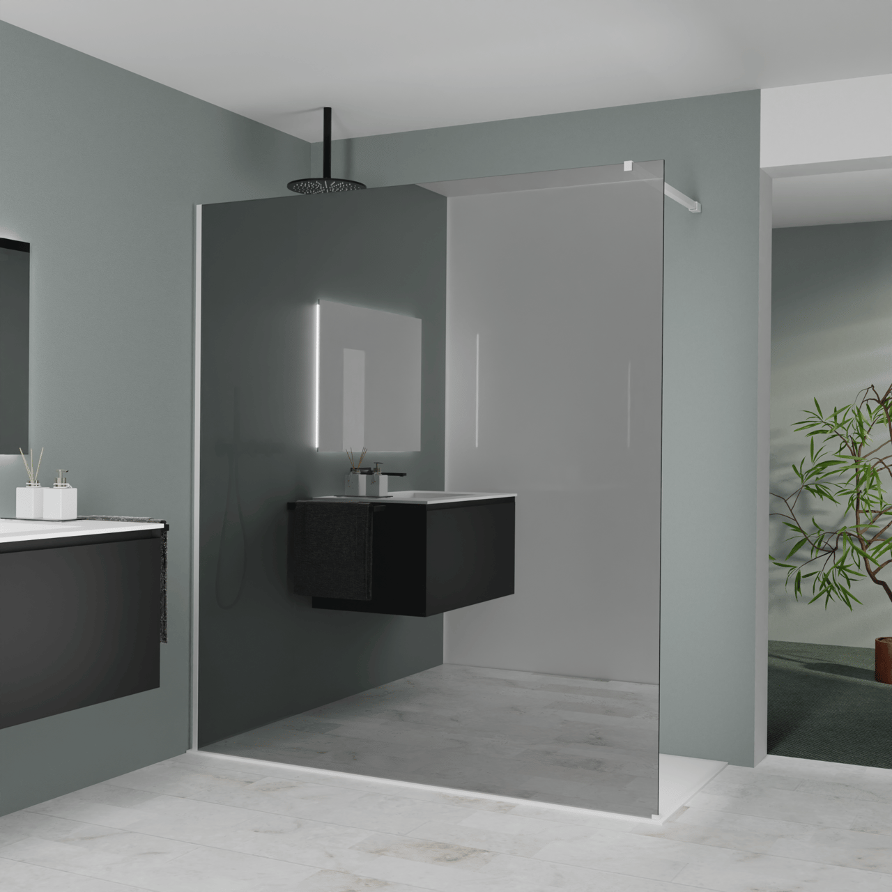 Balmani Modular douche à l'italienne: 180 x 200 cm, Miroir Reflex, Profil Blanc mat