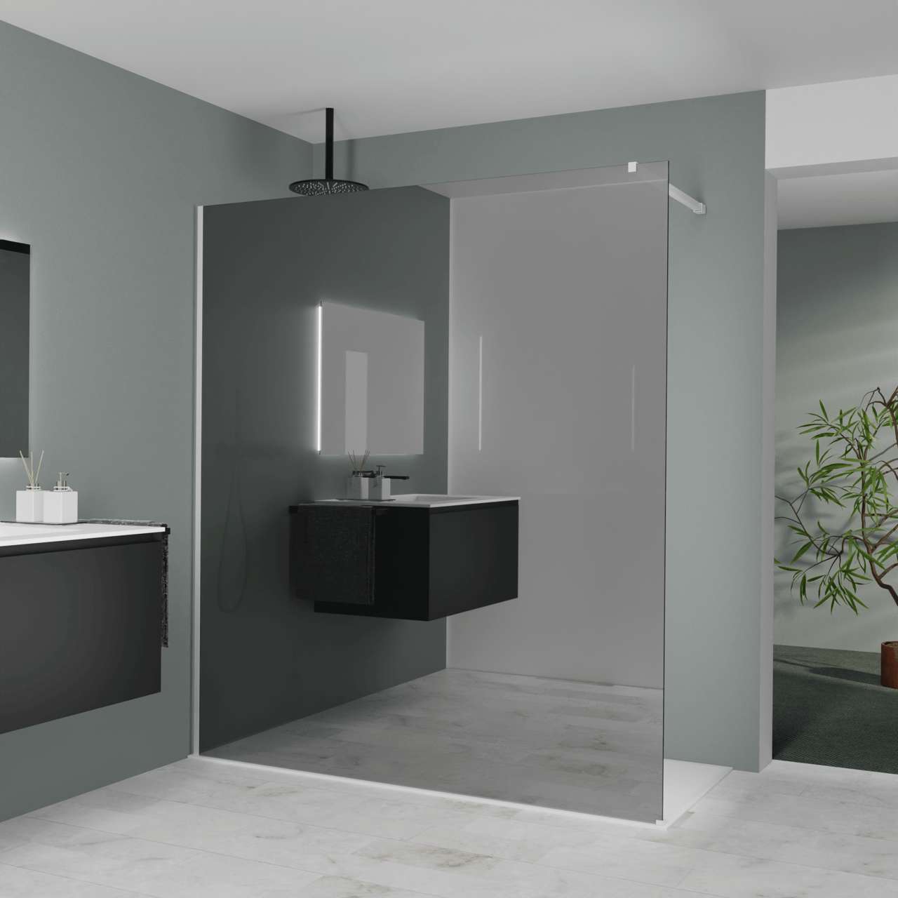 Balmani Modular Walk-In Dusche: 180 x 200 cm, Reflex-Spiegelglas, Profil Weiß matt