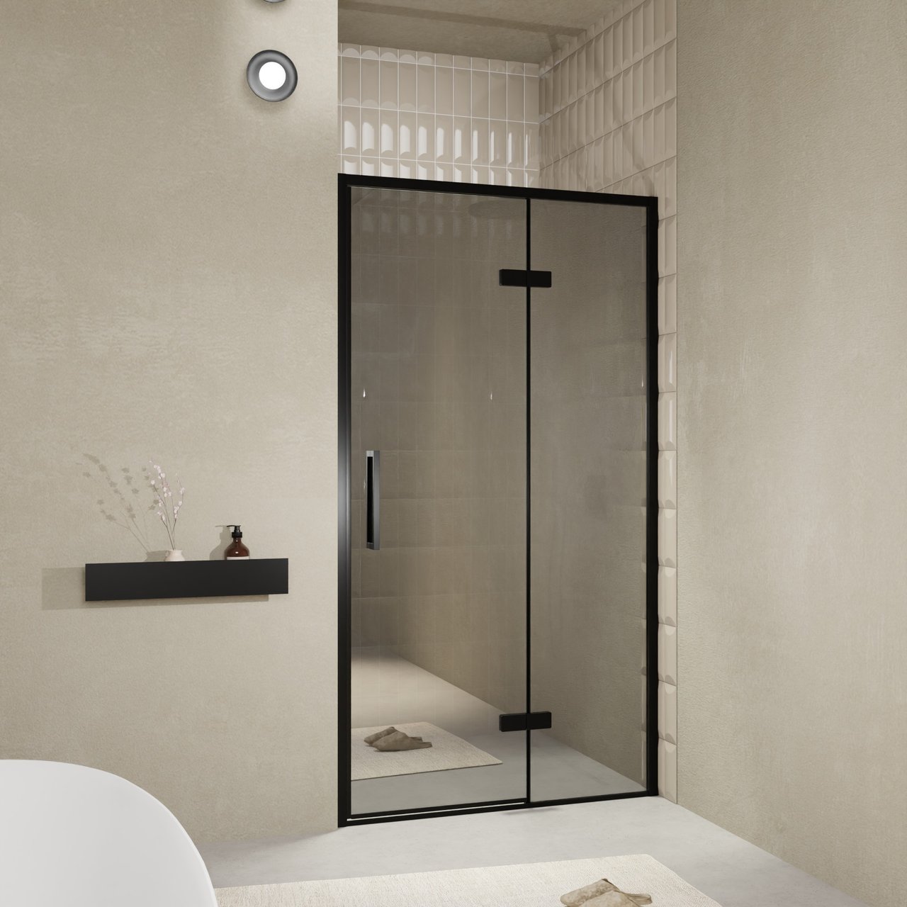 Balmani Senses Design porte pivotante à droite 120 cm x 210 cm verre Miroir Reflex, Profil noir, coating inclus