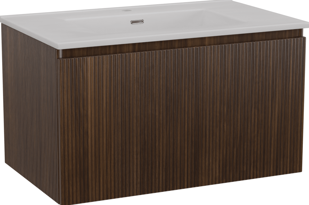 Storke Ribs zwevend badmeubel 85 x 52 cm notenhout met Kera enkele wastafel in porselein mat wit