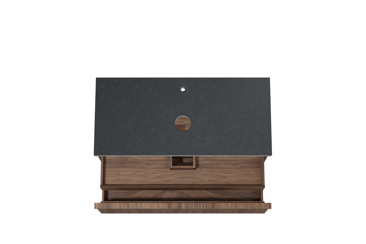 Balmani Forma zwevend badkamermeubel 120 x 55 cm amerikaanse notelaar met Rock enkel tablet in graniet zwart, Verticale symmetrische rechte ribbel