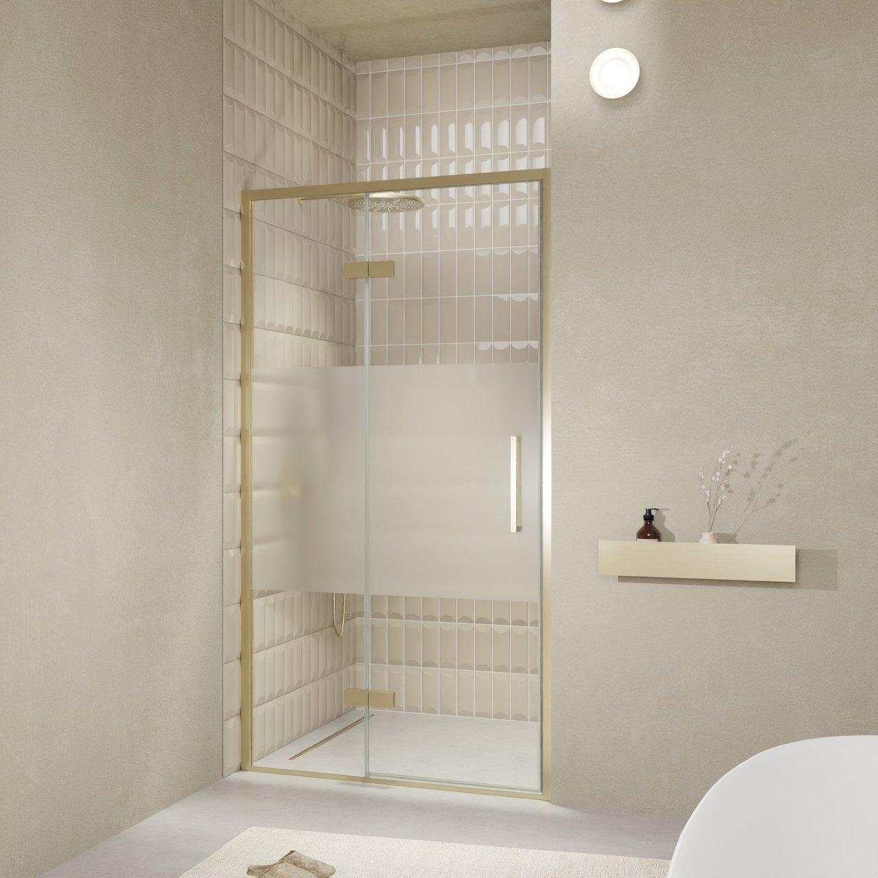 Balmani Senses Design porte pivotante à gauche 120 cm x 210 cm verre transparent avec bande matte, Profil Brushed Champagne Gold