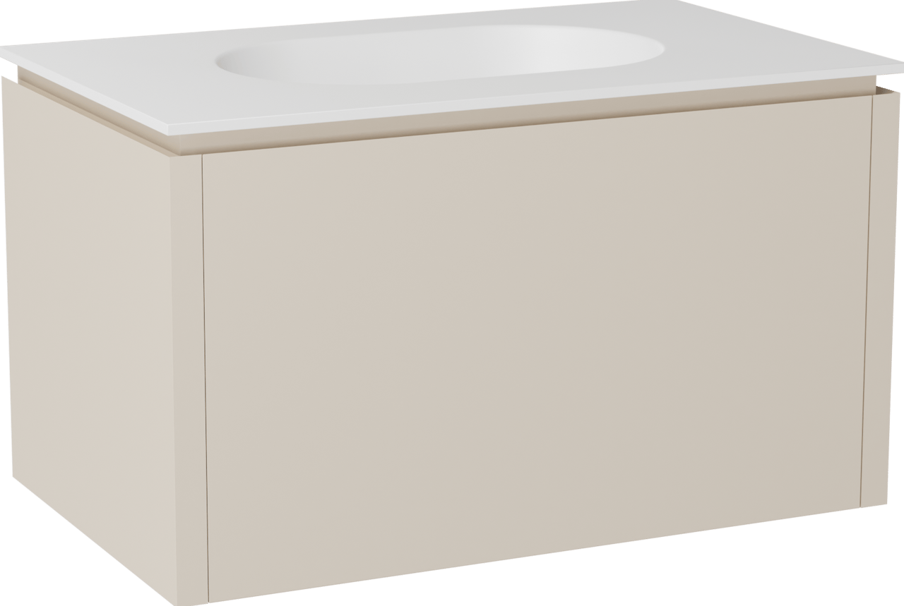 Balmani Eclips meuble salle de bains suspendu 90 x 55 cm Sandbeige avec Tablo Oval plan simple en Solid Surface blanc mat