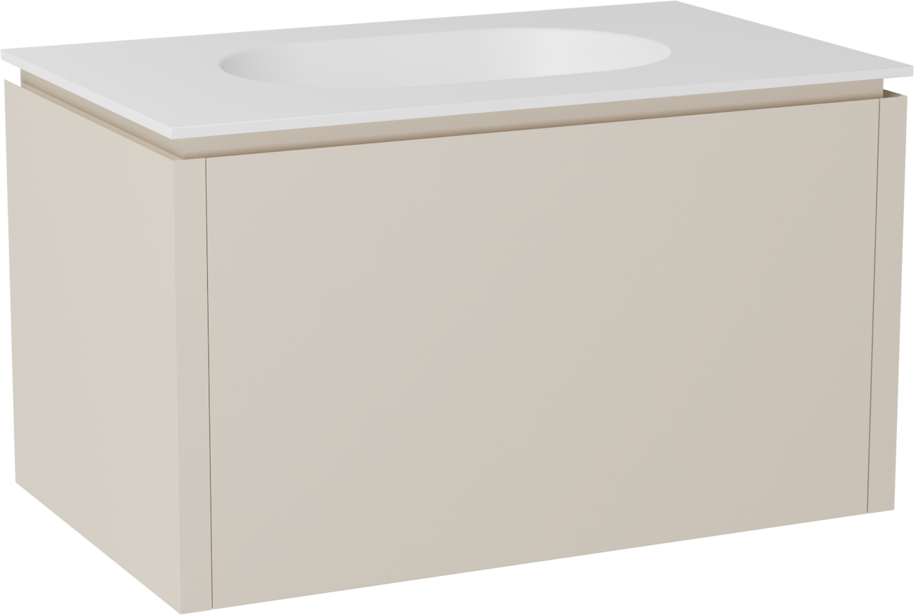 Balmani Eclips meuble salle de bains suspendu 90 x 55 cm Sandbeige avec Tablo Oval plan simple en Solid Surface blanc mat