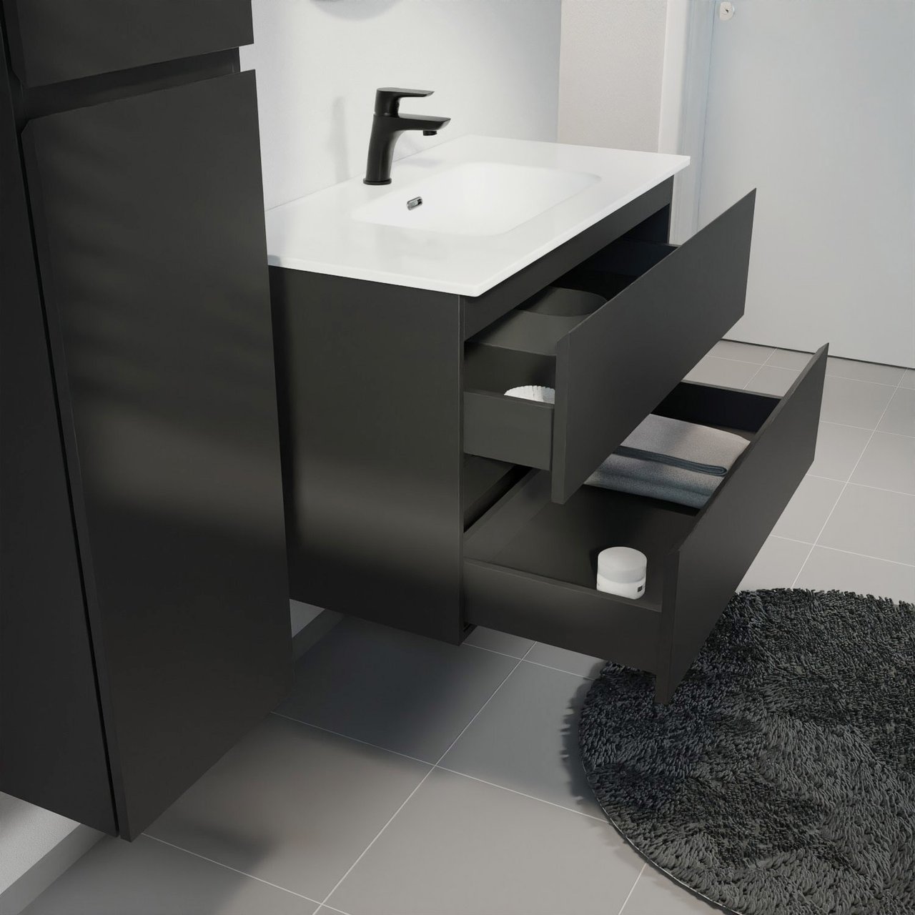 Linie Lado zwevend badkamermeubel 90 x 46 cm mat zwart met Baro enkele wastafel in porselein glanzend wit