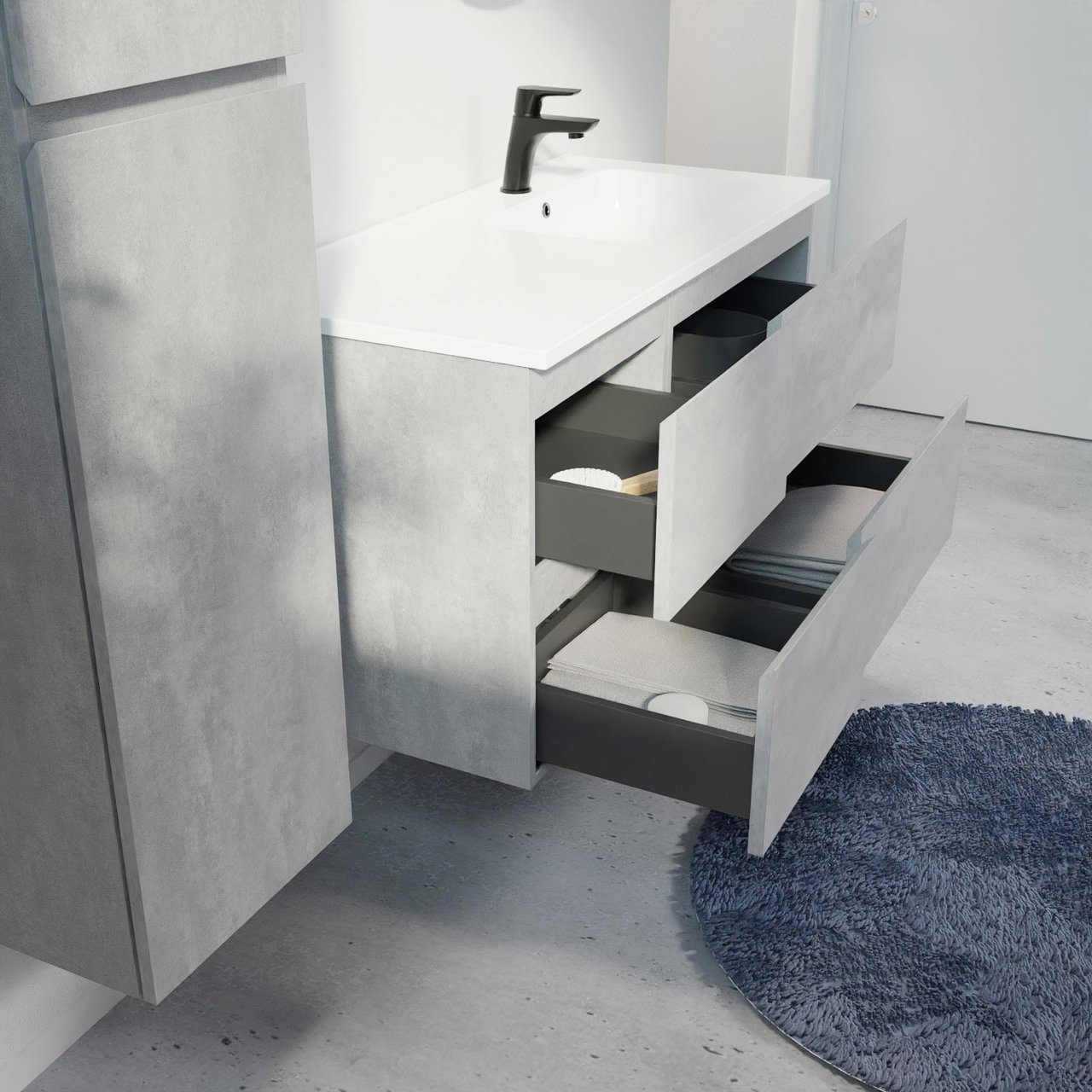 Linie Lado zwevend badmeubel 100 x 46 cm beton donkergrijs met Vano asymmetrisch rechtse wastafel in composietmarmer hoogglans wit