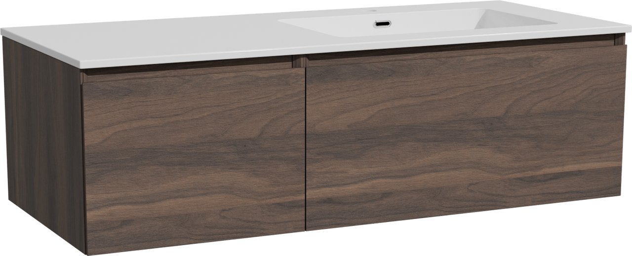 Storke Edge meuble salle de bains suspendu 120 x 52 cm noyer avec Diva vasque asymétrique droite en marbre composite blanc brillant