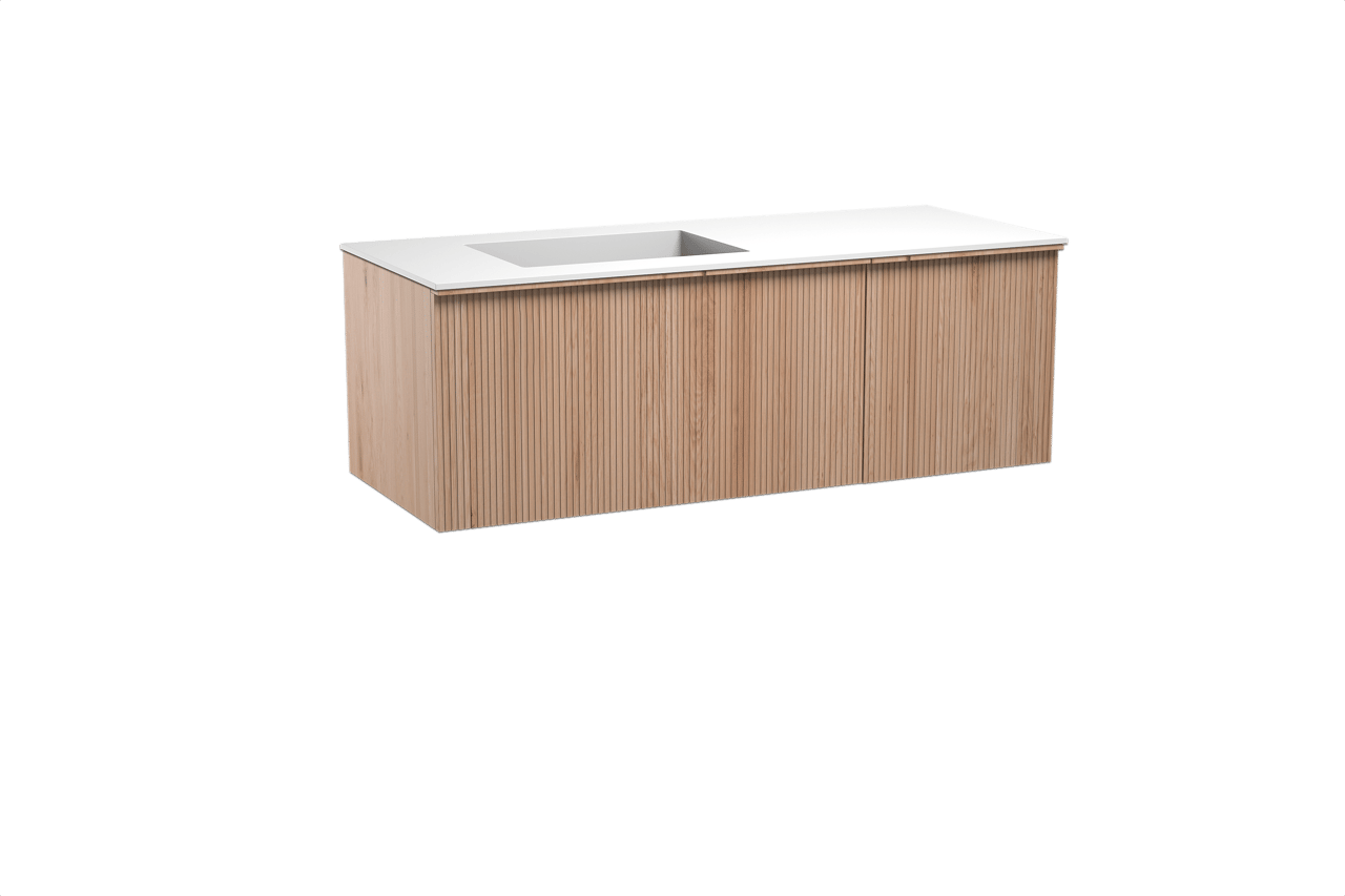 Balmani Forma hängendes Möbelstück Set: 135 x 55 cm, Naturbelassene Eiche, mit Tablo Stretto Waschtisch links, Solid Surface, Weiß matt, Vertikale symmetrische gerade Rippe