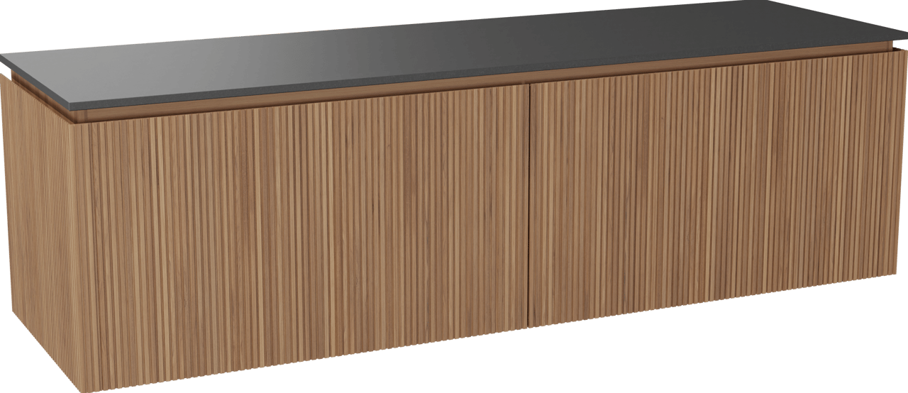 Balmani Eclips zwevend badkamermeubel 180 x 55 cm Teak met Stretto enkel of dubbel tablet in Graniet zwart, Verticale symmetrische rechte ribbel