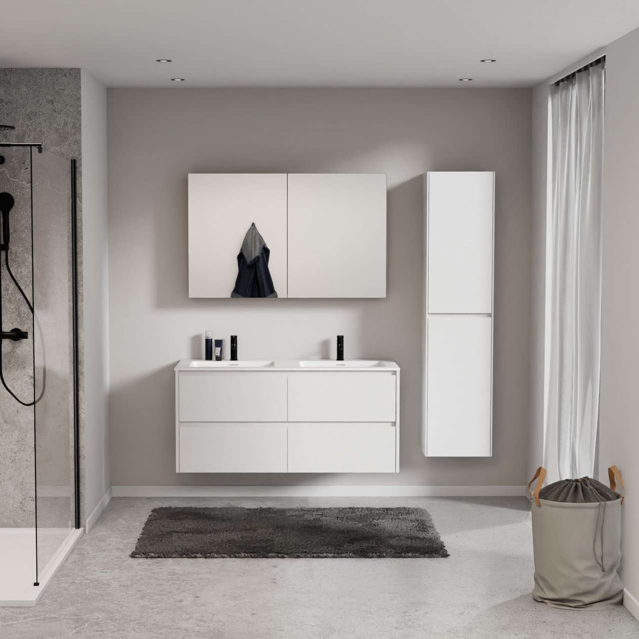 Storke Seda meuble salle de bains suspendu 130 x 52 cm blanc mat avec Mata double vasque en solid surface blanc mat