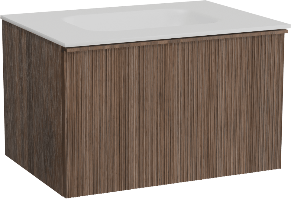 Balmani Forma zwevend badmeubel 75 x 55 cm amerikaans notenhout met Tablo Arcato enkele wastafel in solid surface mat wit, Verticale asymmetrische ronde ribbel