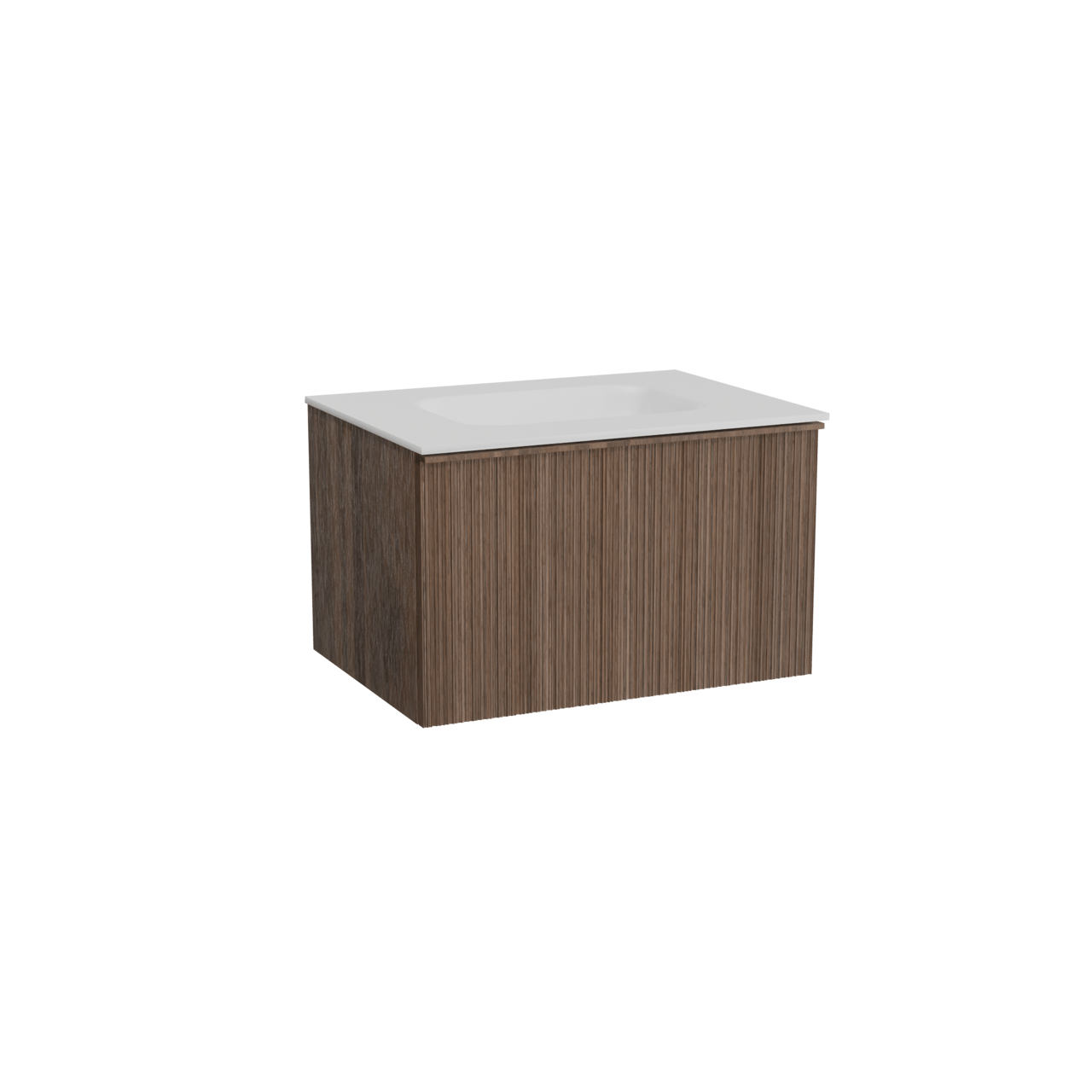 Balmani Forma hängendes Möbelstück Set: 75 x 55 cm, Amerikanischer Nussbaum, mit Tablo Arcato Einzelwaschtisch, Solid Surface, Weiß matt, Vertikale asymmetrische Runde Rippe