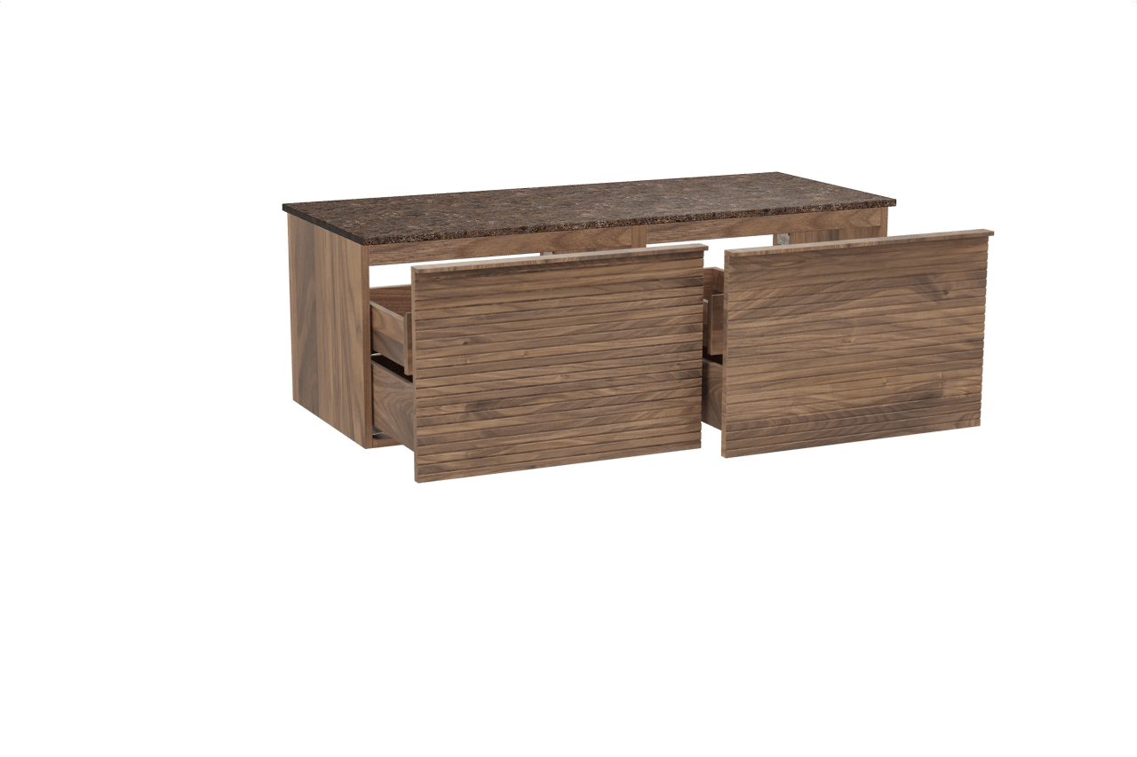 Balmani Forma zwevend badmeubel 135 x 55 cm amerikaans notenhout met Stretto enkel of dubbel wastafelblad in marmer dark emperador, Horizontale symmetrische rechte ribbel