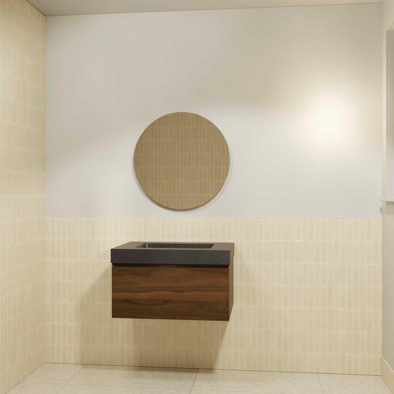 Storke Edge meuble salle de bains suspendu 75 x 52 cm noyer avec Scuro High plan simple en quartz noir mat et Soto miroir