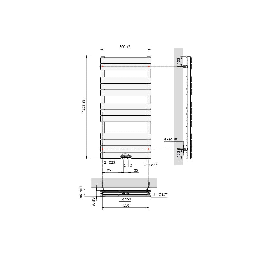 UNIQUEMENT POUR ALLEMAGNE - Vipera Vulcan sèche-serviettes double 60 x 123 cm chauffage électrique blanc mat raccordements latéral et central possibles 1.256W, résistance incluse