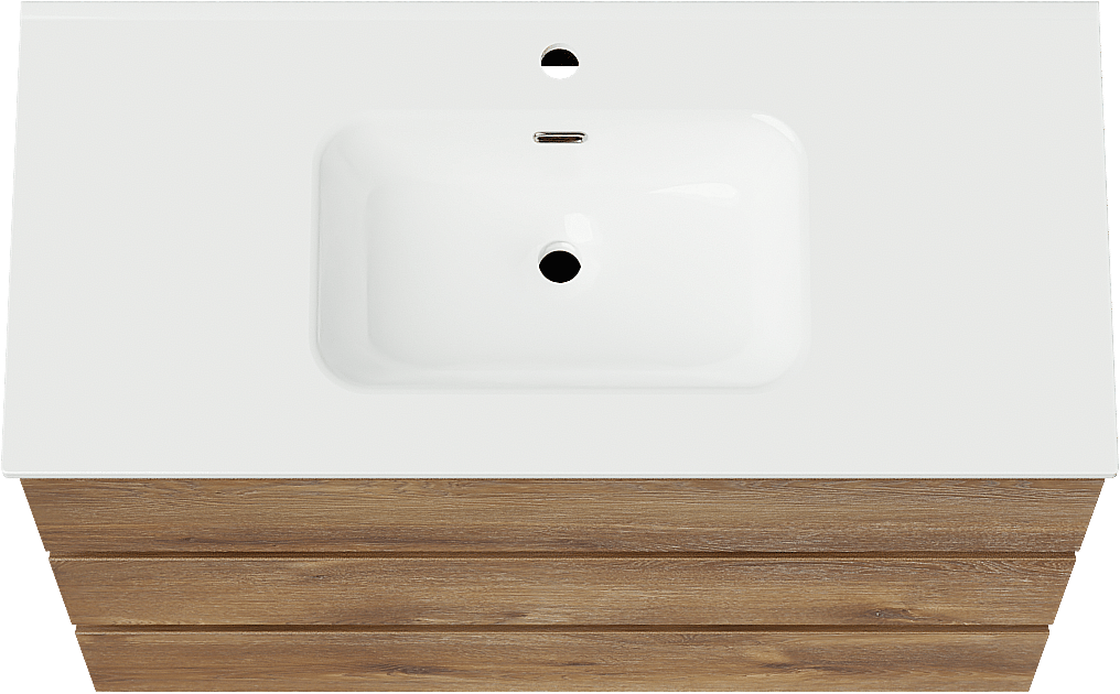 Linie Lado freistehendes Möbelstück Set: 100 x 46 cm, Braune Eiche, mit Baro Einzelwaschtisch, Porzellan Weiß glänzend