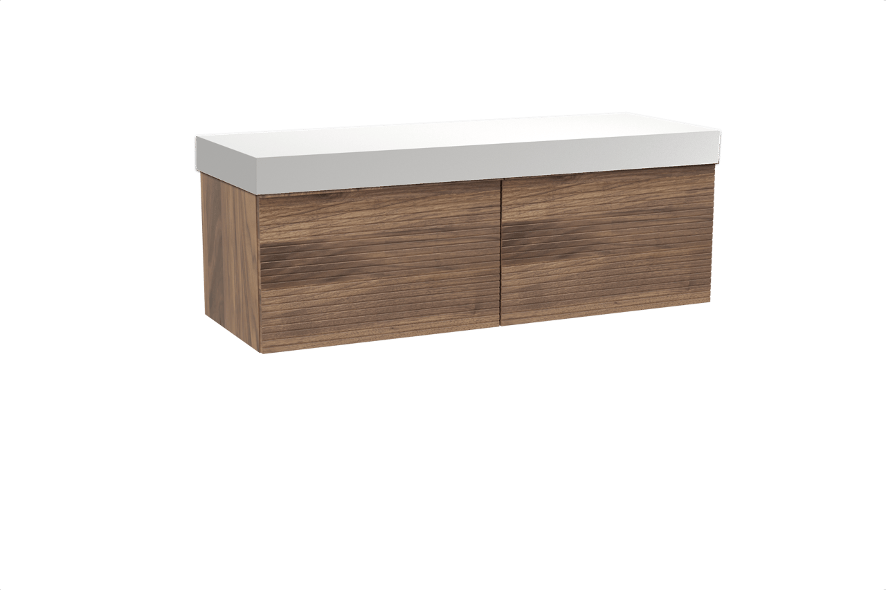 Balmani Forma zwevend badkamermeubel 150 x 55 cm amerikaanse notelaar met Dominus enkel of dubbel tablet in solid surface mat wit, Horizontale symmetrische rechte ribbel