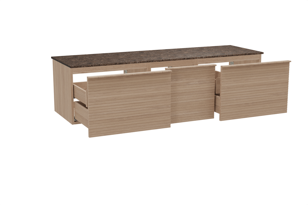 Balmani Forma zwevend badkamermeubel 180 x 55 cm natuur eik met Stretto enkel of dubbel tablet in marmer dark emperador, Horizontale symmetrische rechte ribbel