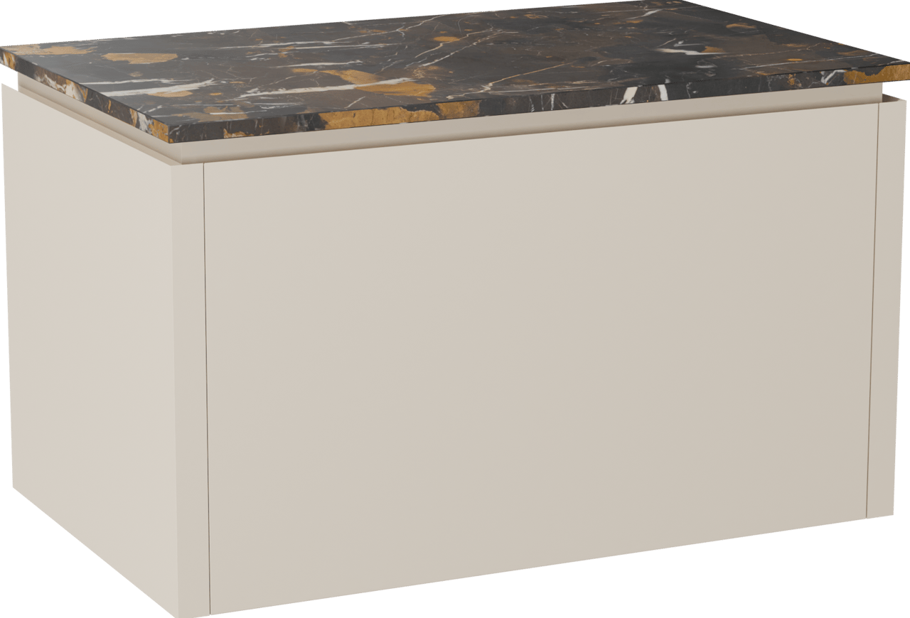 Balmani Eclips zwevend badmeubel 90 x 55 cm Sandbeige met Stretto enkel wastafelblad in Portoro Gold marmer