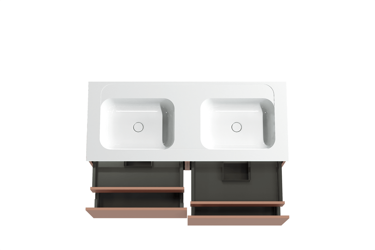 Balmani Sfera zwevend badkamermeubel 135 x 55 cm cotto met Tablo Strada dubbele wastafel in composietmarmer glanzend wit