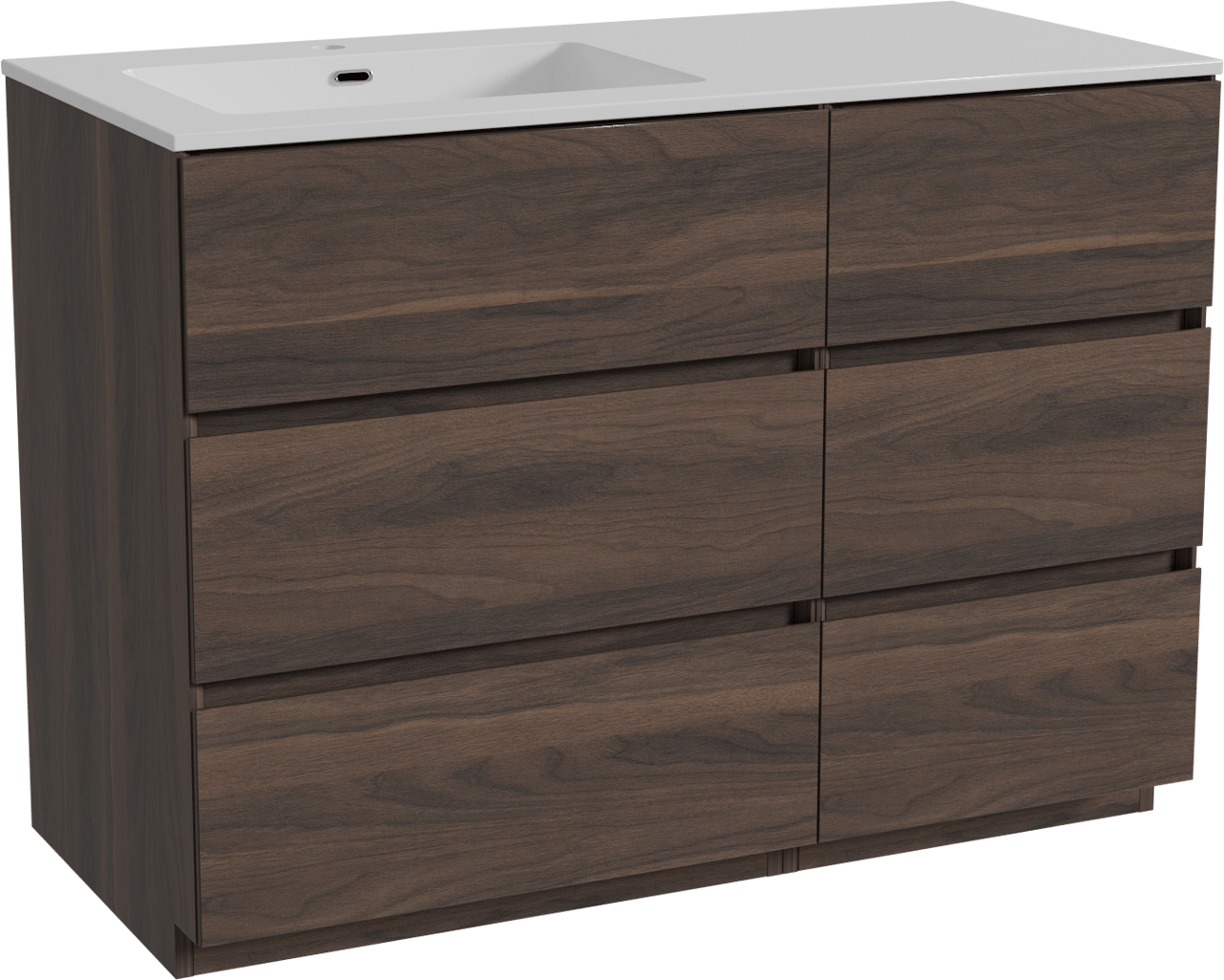 Storke Edge meuble salle de bains à poser 110 x 52 cm noyer avec Diva plan vasque asymétrique à gauche en marbre composite blanc brillant