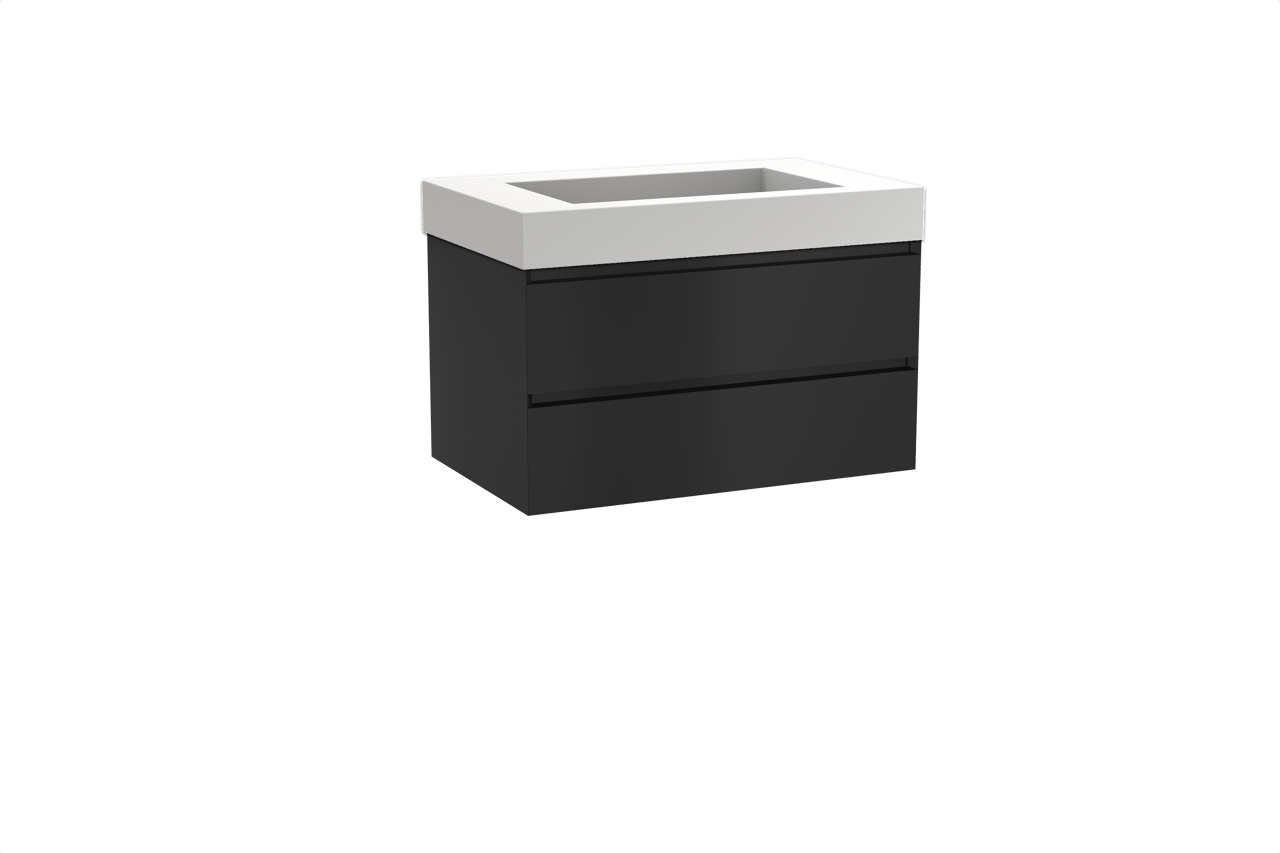 Balmani Mitra hängendes Möbelstück Set: 90 x 55 cm, Schwarz matt, mit Modus Einzelwaschtisch, Solid Surface Weiß matt