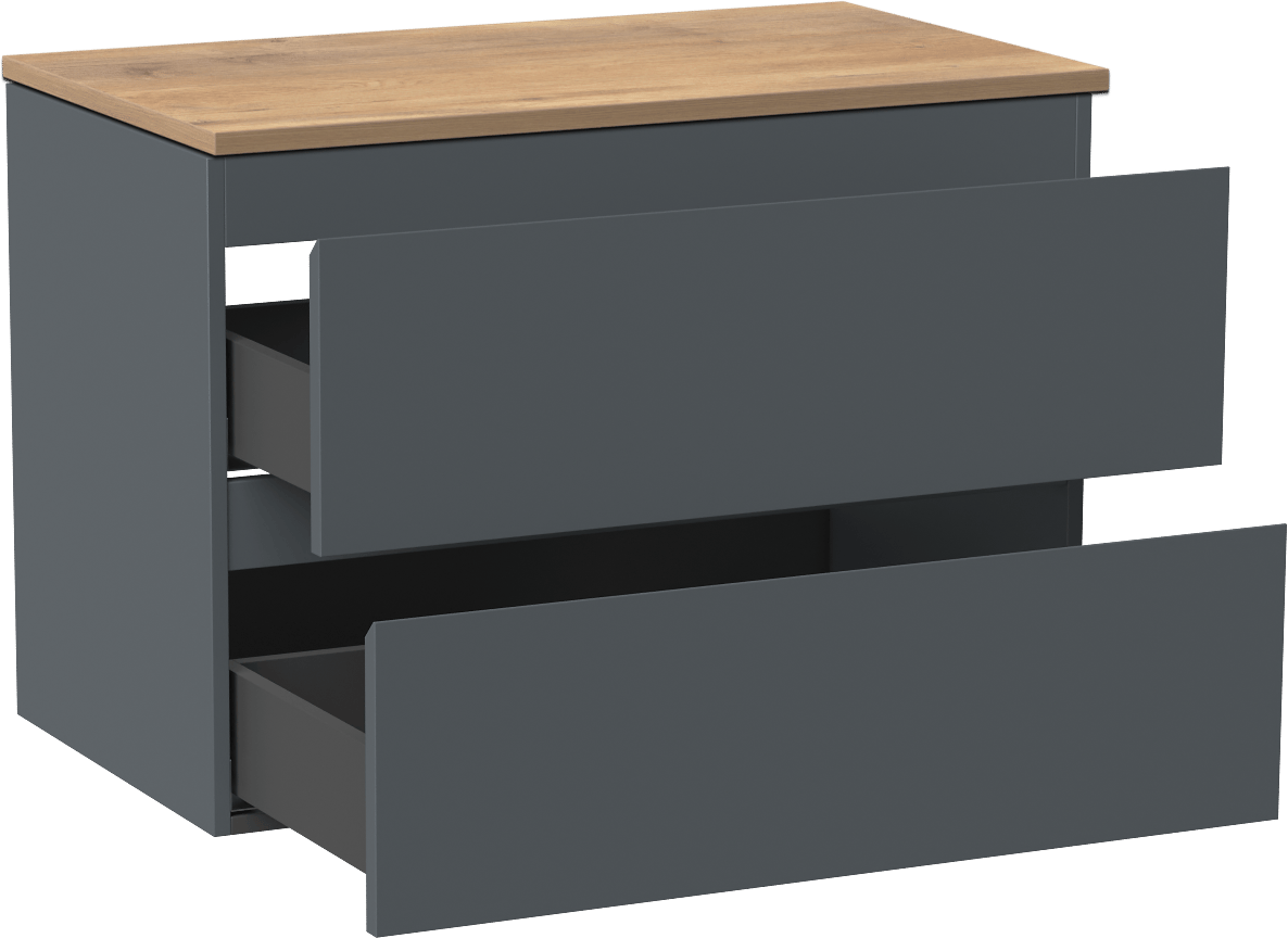 Linie Lado meuble salle de bains suspendu 80 x 46 cm bleu anthracite avec Lado tablette simple en mélaminé chêne naturel