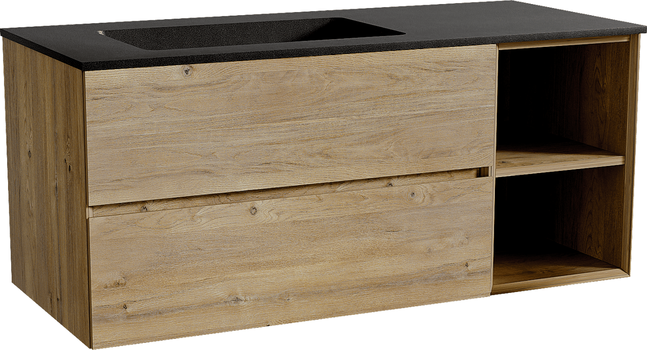 Storke Edge meuble salle de bains suspendu 120 x 52 cm chêne brut avec Scuro plan vasque asymétrique à gauche en quartz noir mat