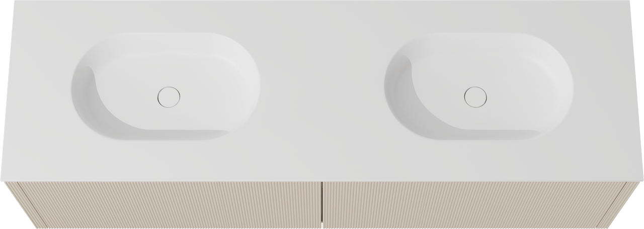 Balmani Eclips meuble salle de bains suspendu 180 x 55 cm Sandbeige avec Tablo Oval double vasque en Solid Surface blanc mat, Nervure droite symétrique verticale