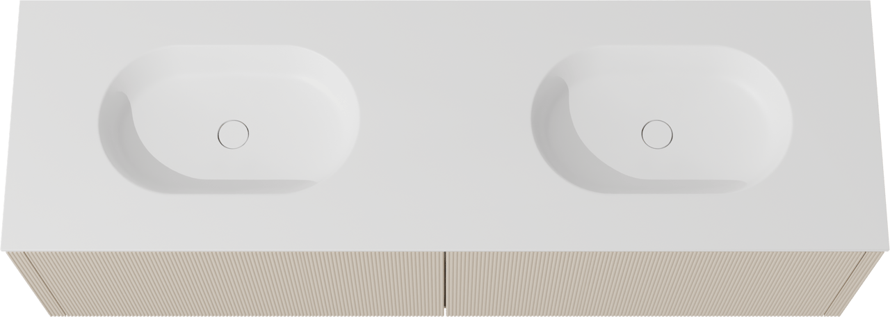 Balmani Eclips meuble salle de bains suspendu 180 x 55 cm Sandbeige avec Tablo Oval double vasque en Solid Surface blanc mat, Nervure droite symétrique verticale