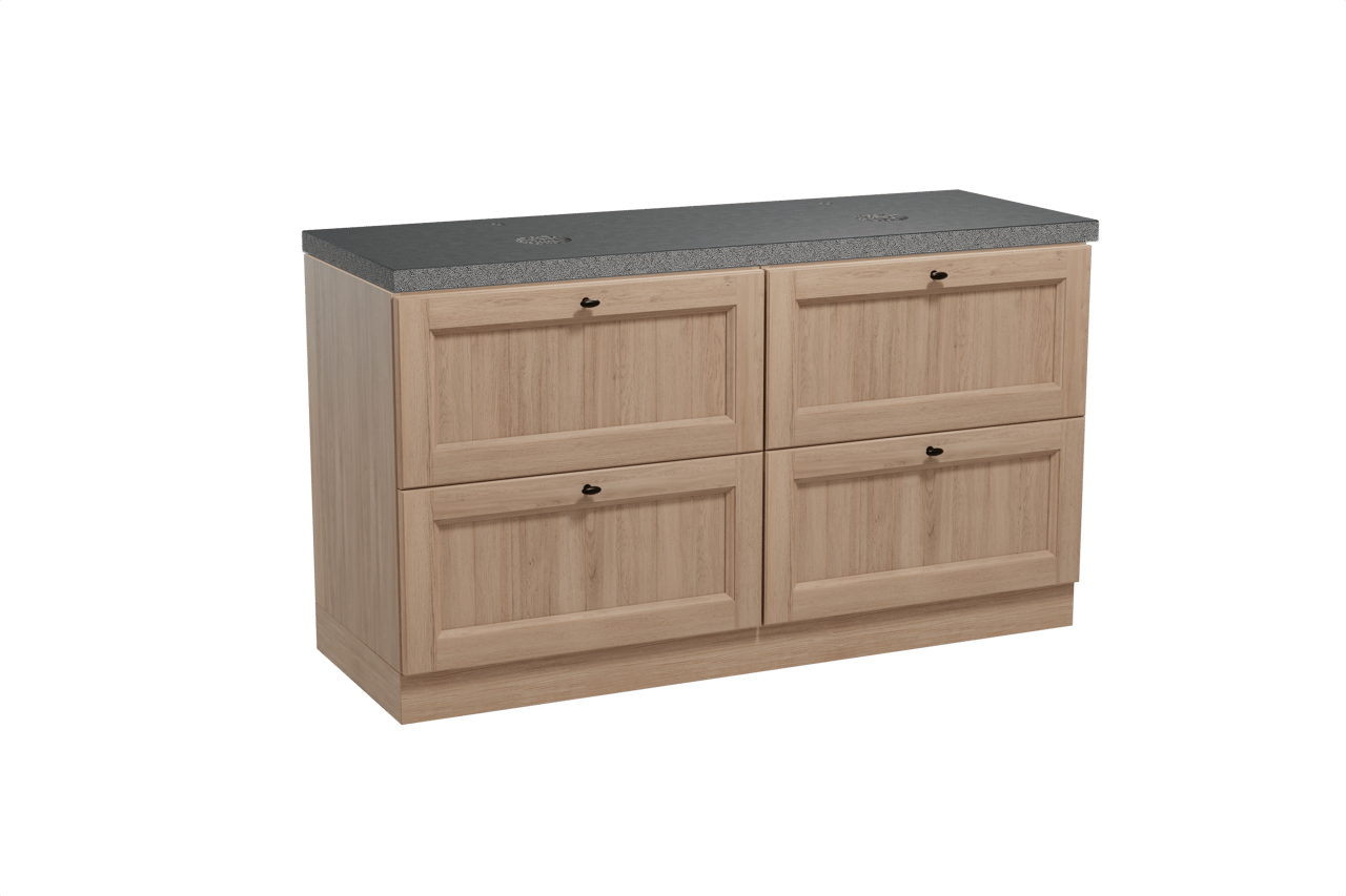 Balmani Lemon freistehendes Möbelstück Set: 150 x 55 cm, Verwitterte Eiche, mit Rock Doppel Waschtischplatte, Schwarzes Granit