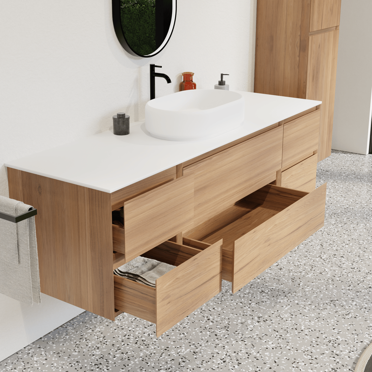 Balmani Mitra hängendes Möbelstück Set: 180 x 55 cm, Teak, mit Stretto Einzel- oder Doppel Waschtischplatte, Solid Surface Weiß matt