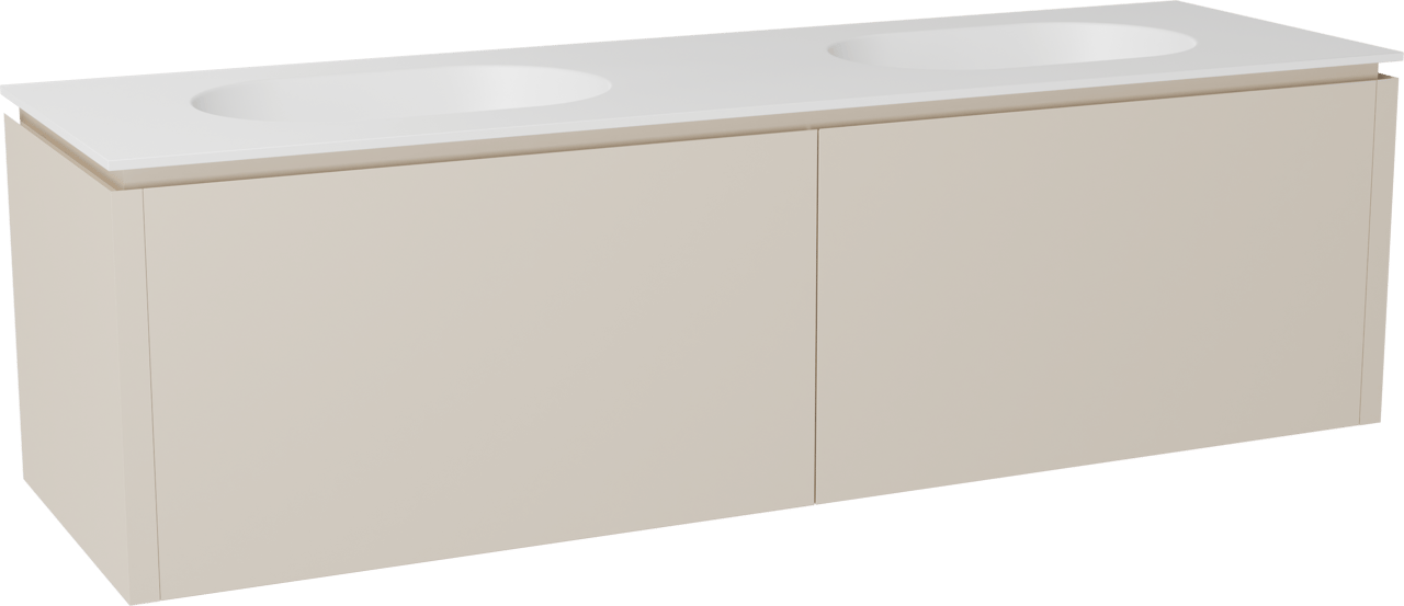 Balmani Eclips meuble salle de bains suspendu 180 x 55 cm Sandbeige avec Tablo Oval double vasque en Solid Surface blanc mat