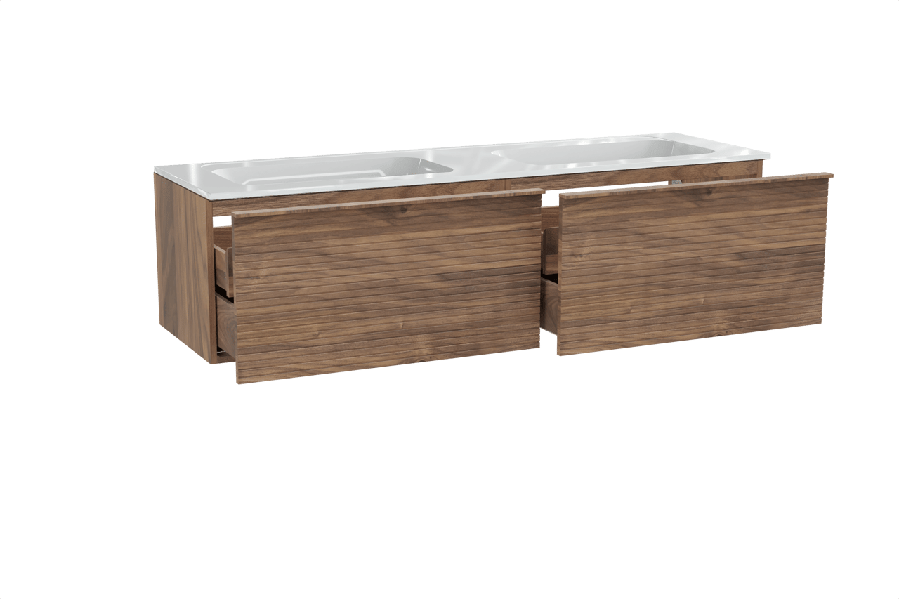 Balmani Forma meuble salle de bains suspendu 180 x 55 cm noyer américain avec Tablo Strada double vasque en marbre composite blanc brillant, Nervure droite symétrique horizontale