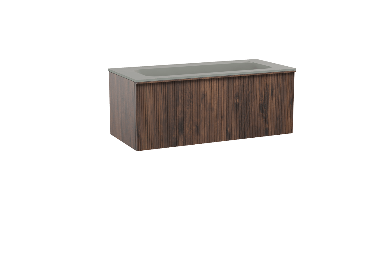 Balmani Forma zwevend badmeubel 120 x 55 cm amerikaans notenhout met Tablo Strada enkele wastafel voor 2 kraangaten in composietmarmer zijdegrijs, Verticale symmetrische rechte ribbel